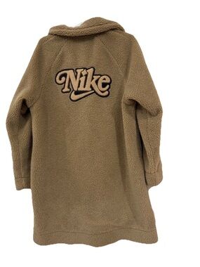 Nike Women’s Camel Teddy Sherpa Coat Mid‑Length Fuzzy Fleece Jacket Large